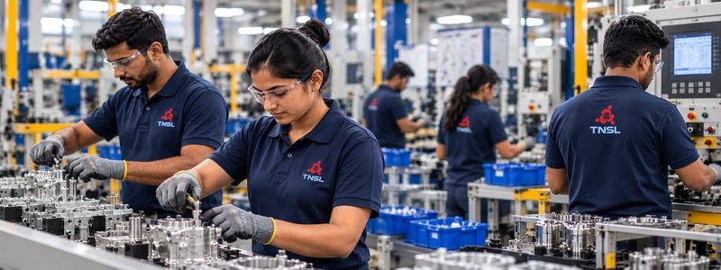 Associates in navy TNSL polo shirts assembling components on a manufacturing line